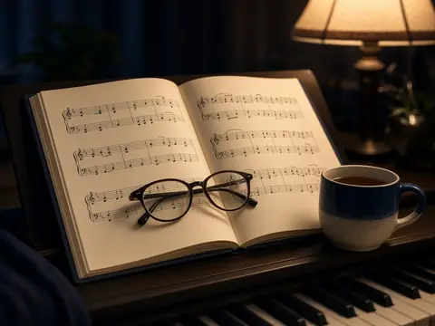 Sheet music, reading glasses and a cup of coffee on a piano by lamplight