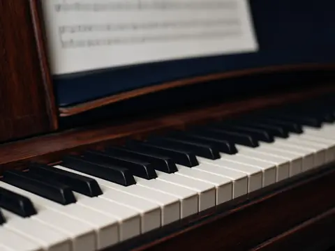 A close-up of the lower piano keys with sheet music on the stand