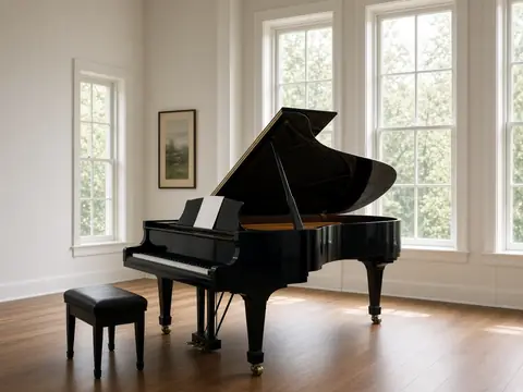 A grand piano and bench in a bright, empty room with tall windows