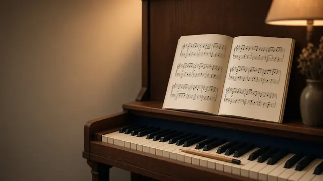 An upright piano with an open book of sheet music in warm evening light