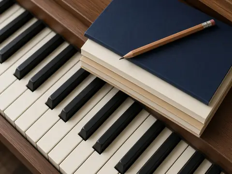 Piano keys with a closed music book and a pencil resting on the keyboard
