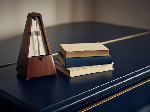 A wooden metronome beside a stack of music books on a dark piano lid